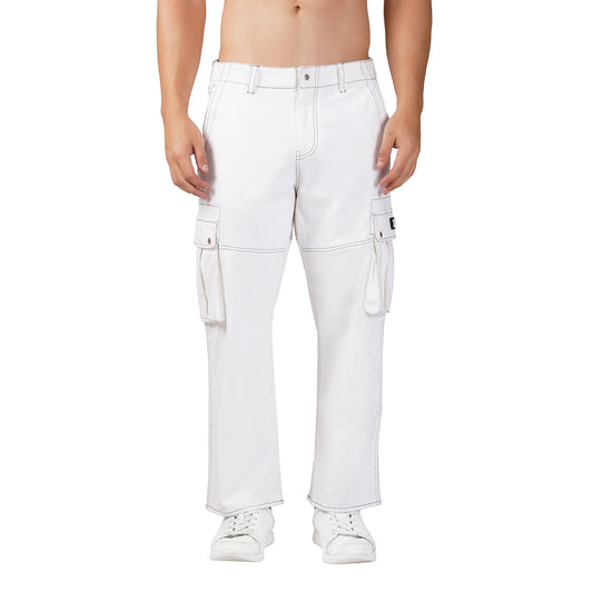 SLAY. Men's White Contrast Stitch Stretch Cargo Pants