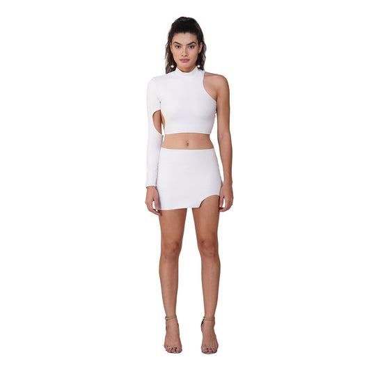 SLAY. Women's White Asymmetric Cutout Top & Skirt Co ord Set