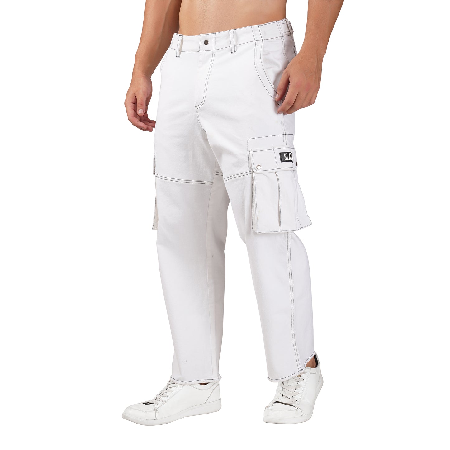 SLAY. Men's White Contrast Stitch Stretch Cargo Pants