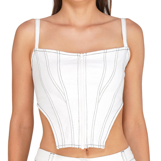 SLAY. Women's White Denim Zip up Corset