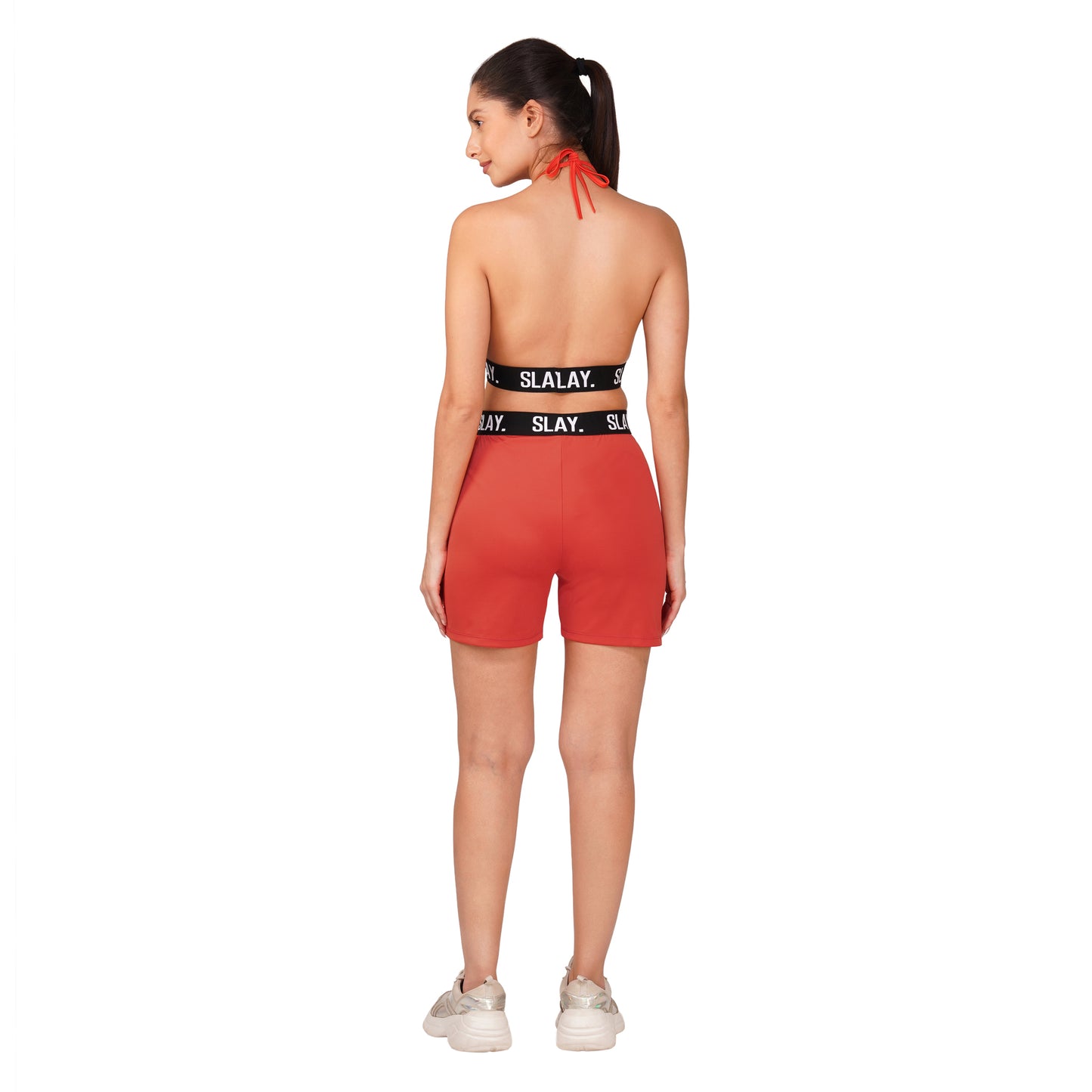 SLAY. Women's Orange Activewear Backless Sports Bra And High waist Shorts Co-ord Set