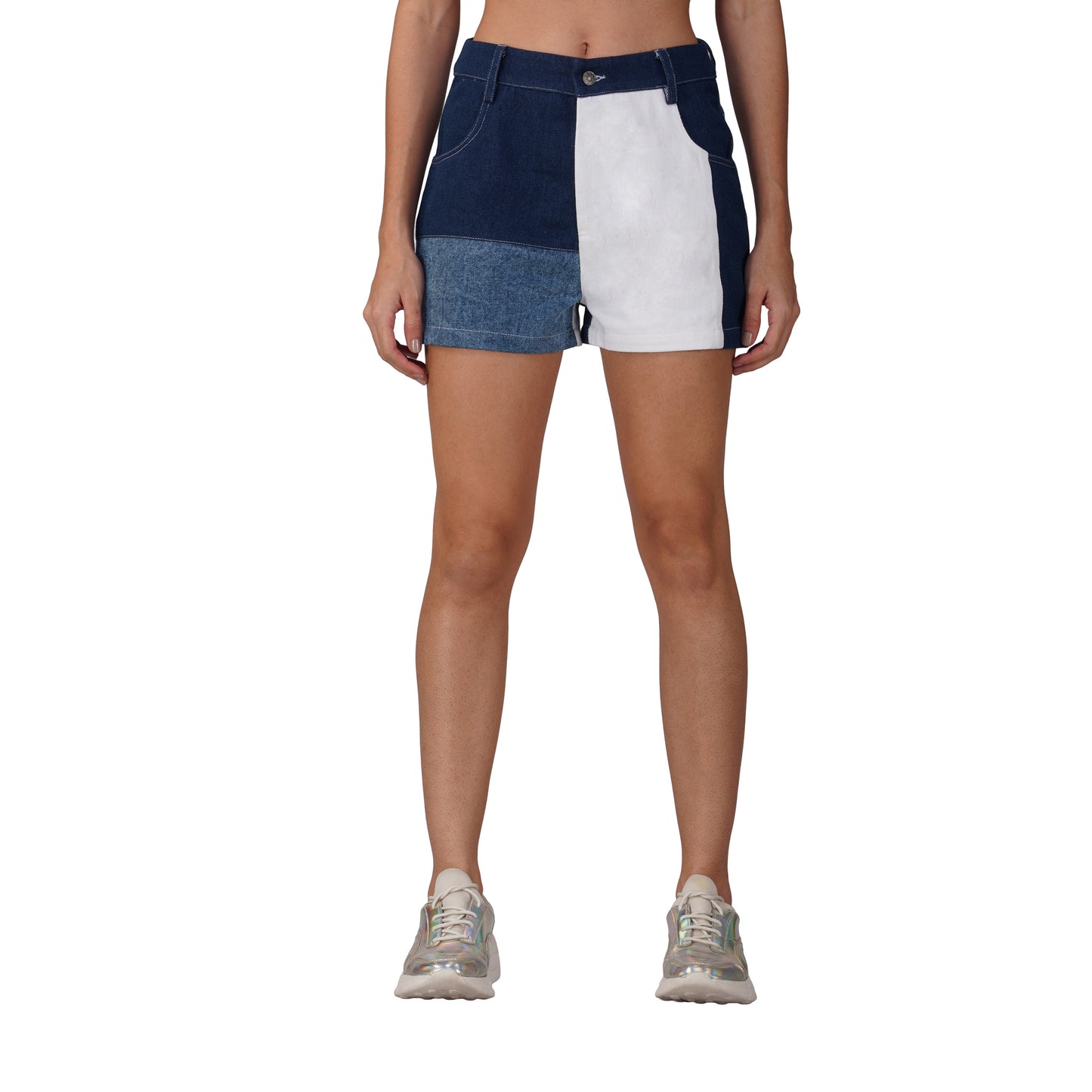 SLAY. Women's Colourblock Blue & White Colorblock Denim Shorts