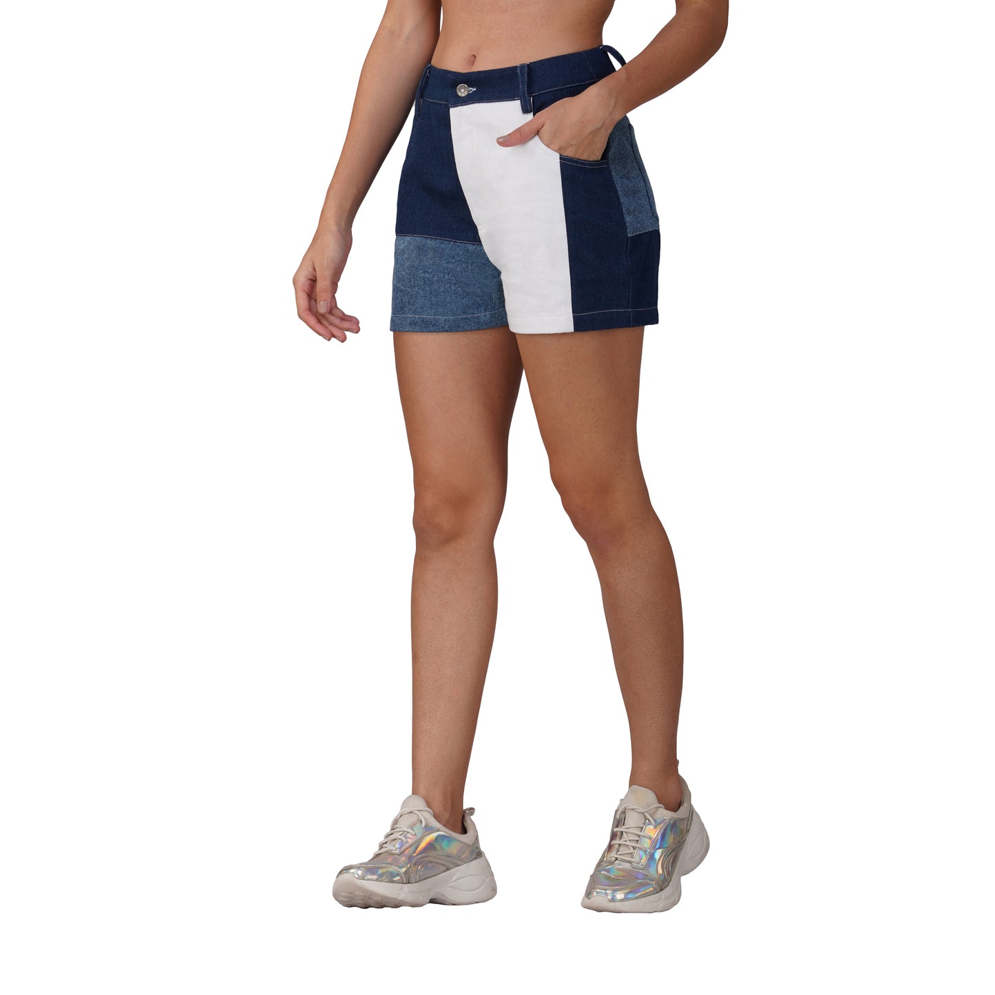 SLAY. Women's Colourblock Blue & White Colorblock Denim Shorts
