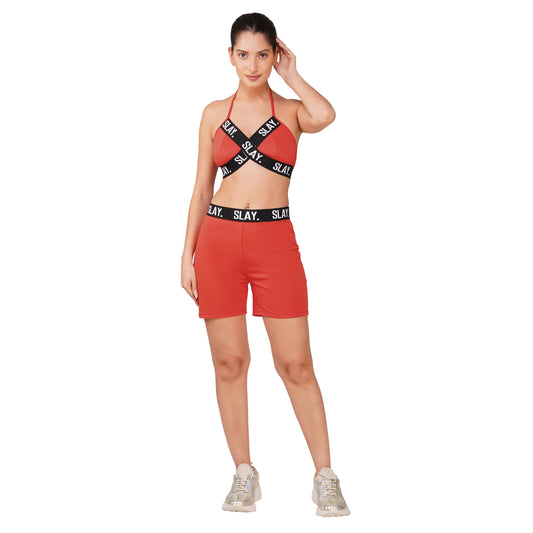 SLAY. Women's Orange Activewear Backless Sports Bra And High waist Shorts Co-ord Set
