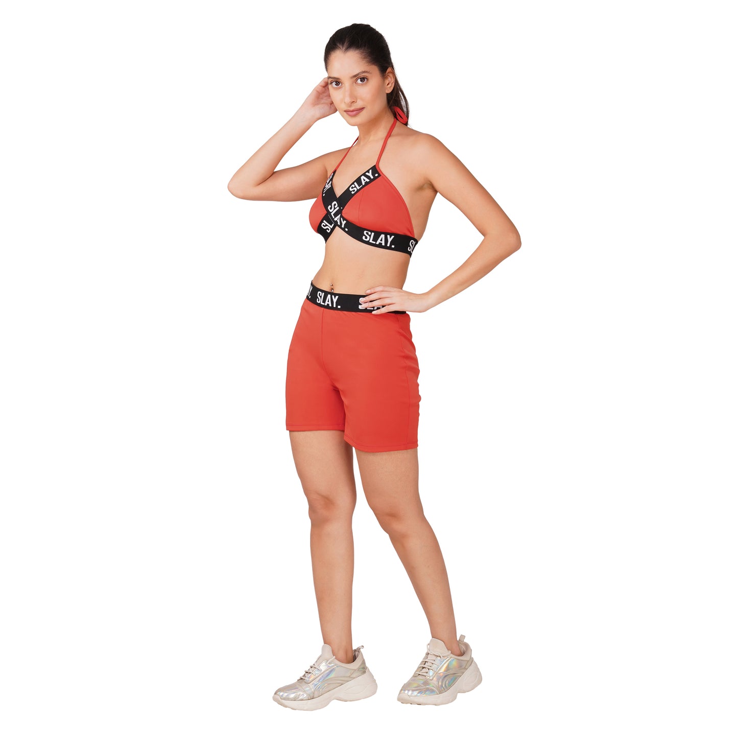 SLAY. Women's Orange Activewear Backless Sports Bra And High waist Shorts Co-ord Set