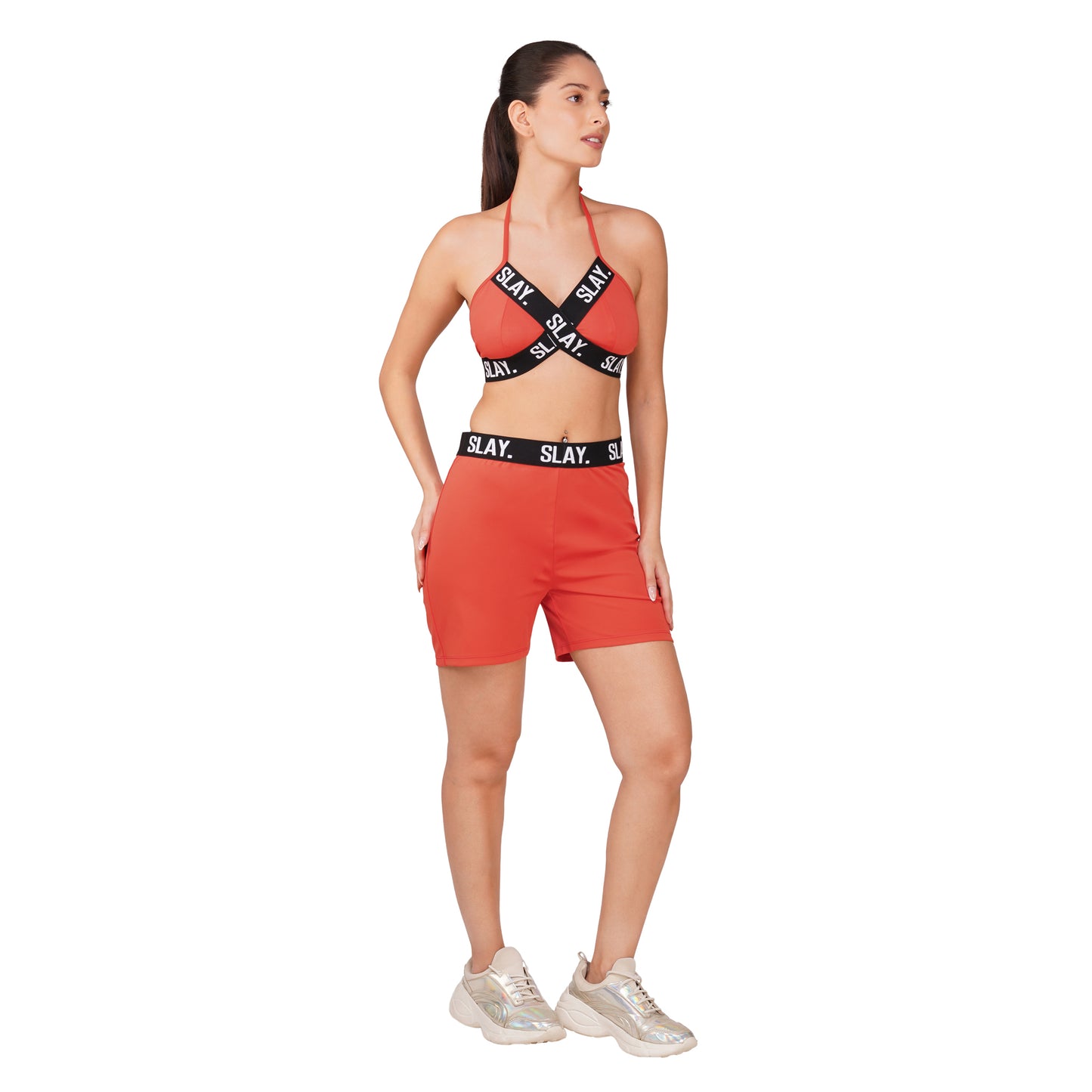 SLAY. Women's Orange Activewear Backless Sports Bra And High waist Shorts Co-ord Set