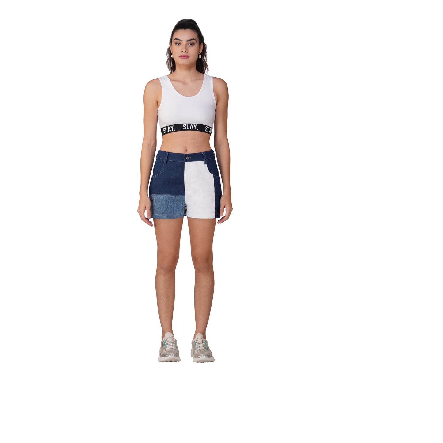 SLAY. Women's Colourblock Blue & White Colorblock Denim Shorts