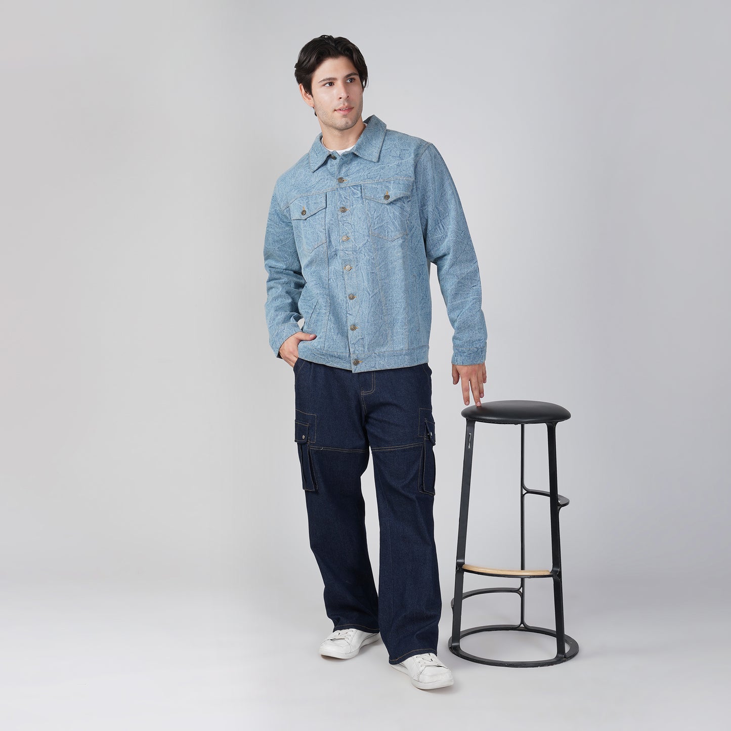 SLAY. Men's Full Sleeves Light-Wash Denim Jacket & Cargo Pants Co-ord Set