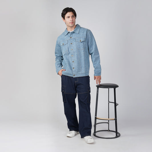 SLAY. Men's Full Sleeves Light-Wash Denim Jacket & Cargo Pants Co-ord Set