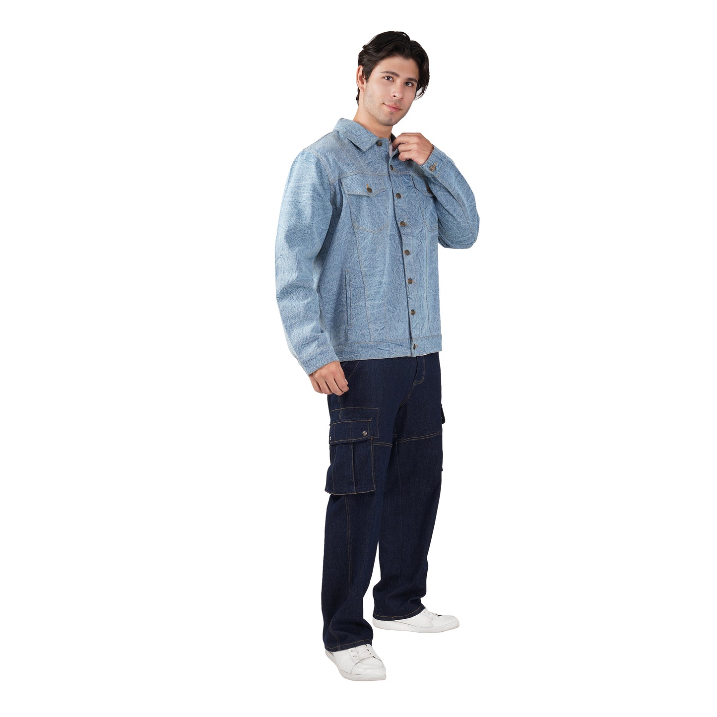 SLAY. Men's Full Sleeves Light-Wash Denim Jacket & Cargo Pants Co-ord Set