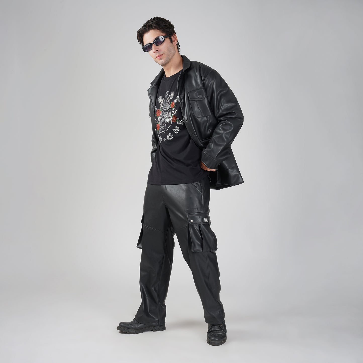 SLAY. Men's Black Faux Leather Cargo Pants