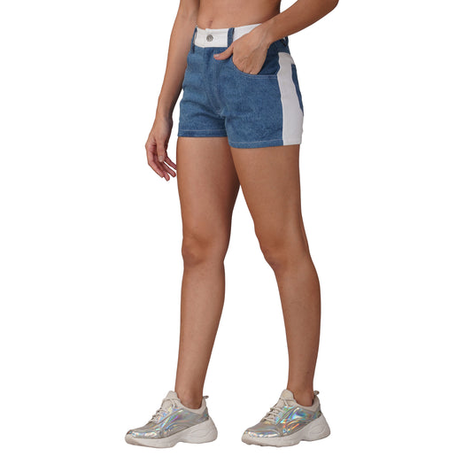 SLAY. Women's Colourblock High Waist Blue & White Colorblock Zip Fly Denim Shorts