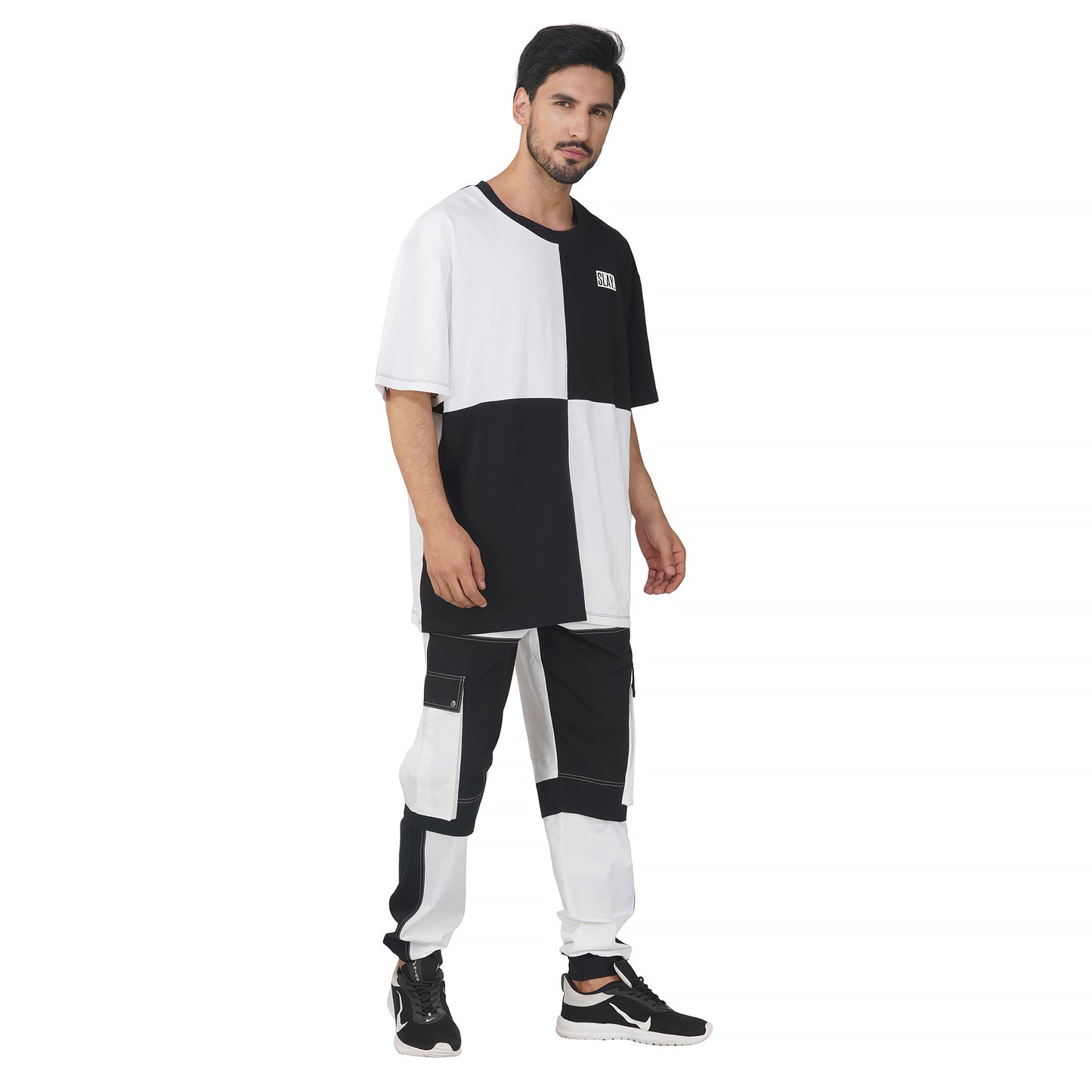 SLAY. Men's Colorblock Oversized White & Black T-shirt & Cargo Pants Co-ord Set