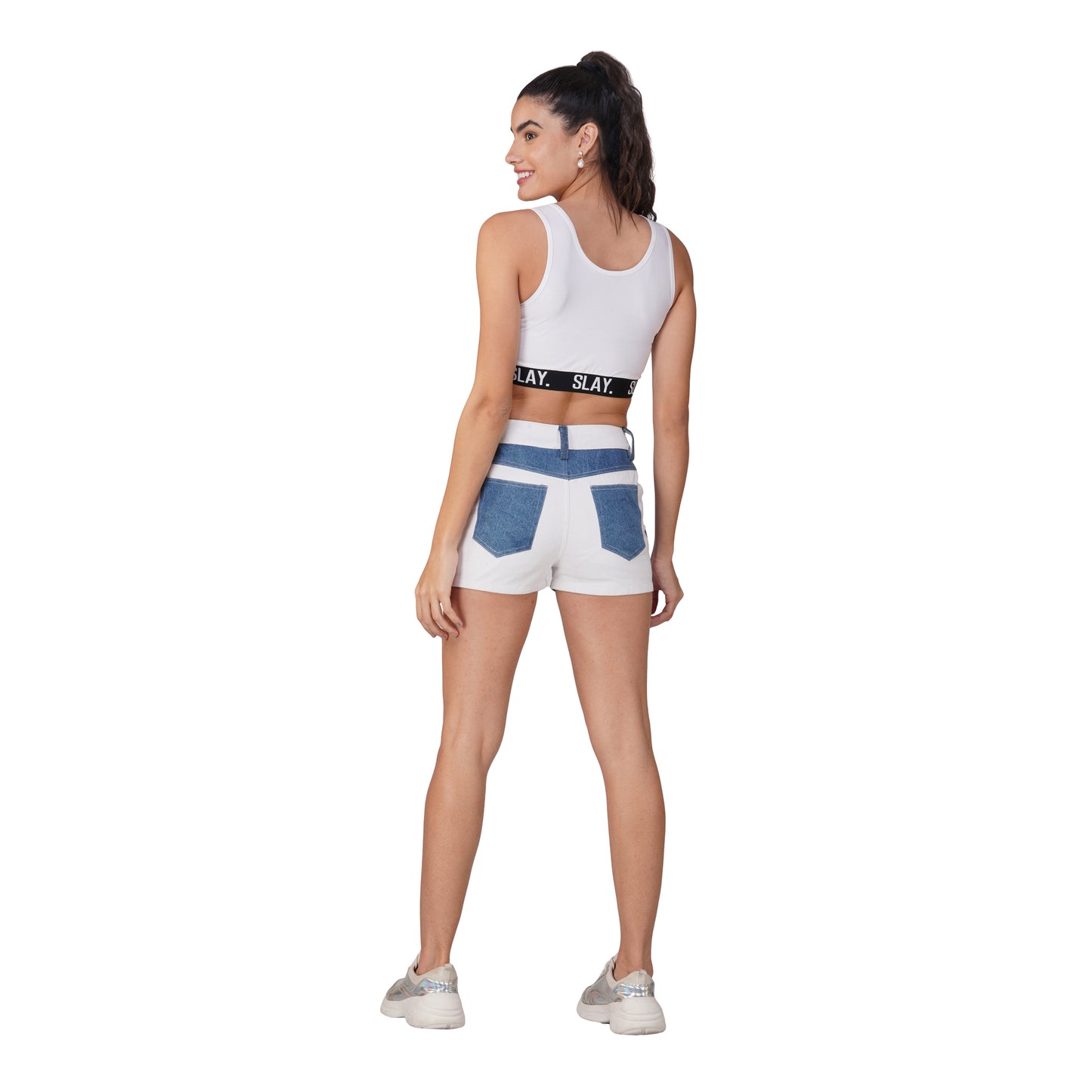 SLAY. Women's Colourblock High Waist Blue & White Colorblock Zip Fly Denim Shorts
