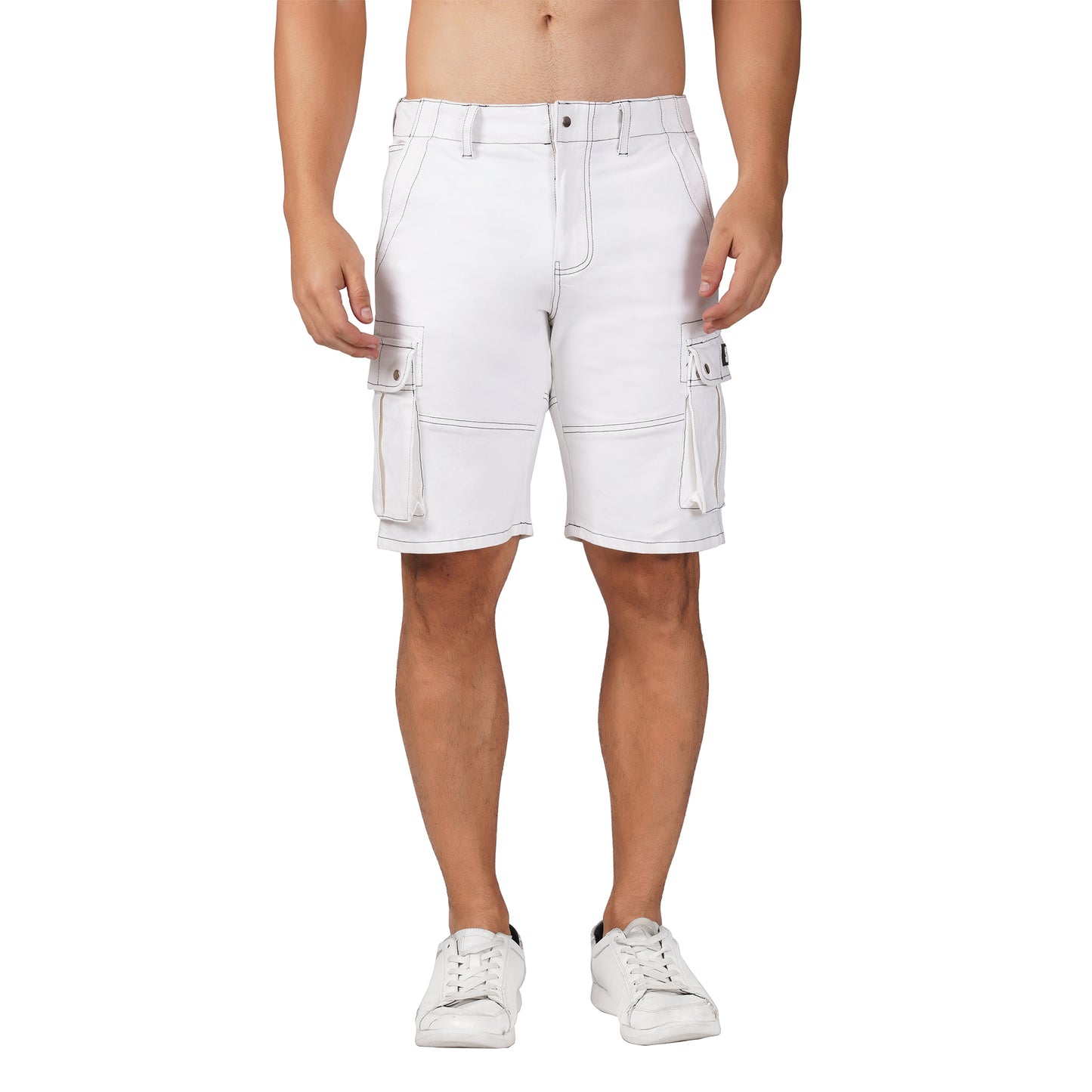 SLAY. Men's White Contrast Stitch Stretch Cargo Shorts