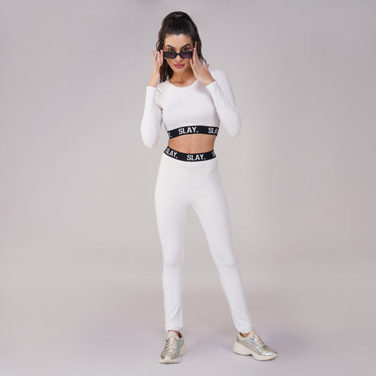 SLAY. Sport Women's Activewear Full Sleeves Crop Top And Pants Co-ord Set White