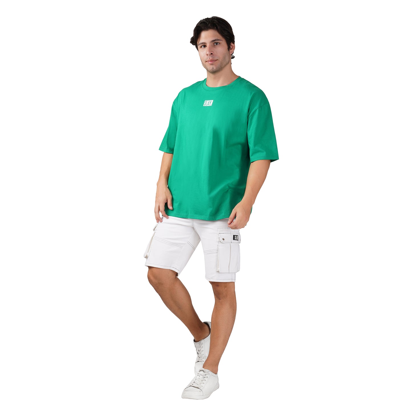 SLAY. Men's White Contrast Stitch Stretch Cargo Shorts