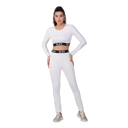SLAY. Sport Women's Activewear Full Sleeves Crop Top And Pants Co-ord Set White
