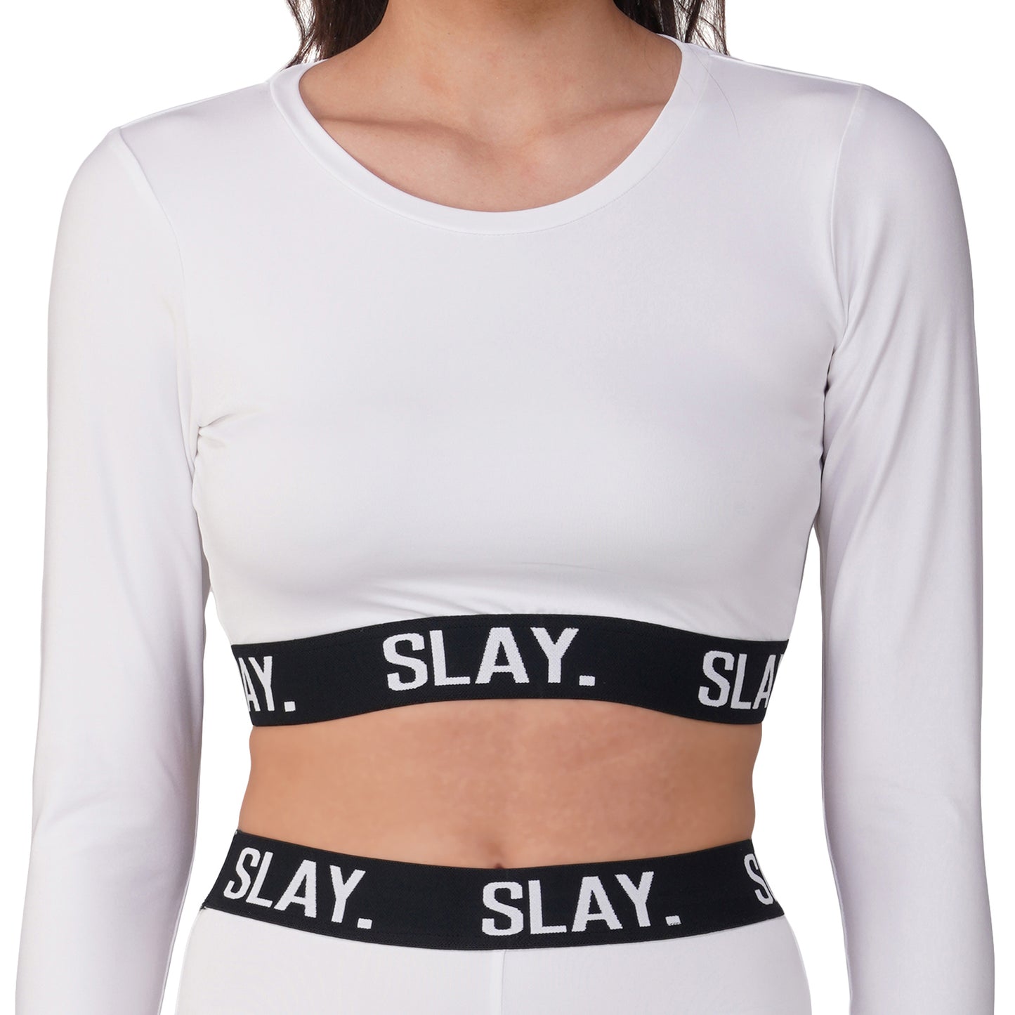 SLAY. Sport Women's Activewear Full Sleeves Crop Top And Pants Co-ord Set White