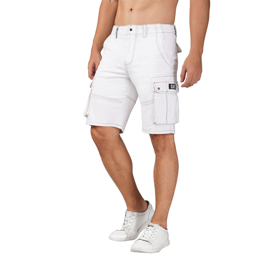 SLAY. Men's White Contrast Stitch Stretch Cargo Shorts