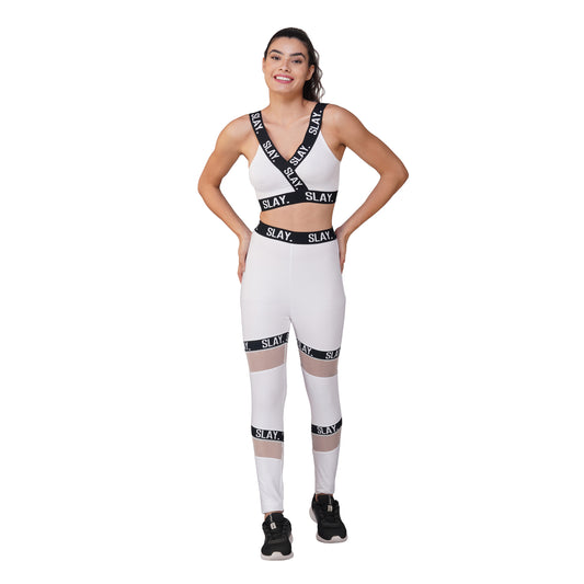 SLAY. Sport Women's Activewear Full Sleeves Crop Top And Pants Co-ord Set White