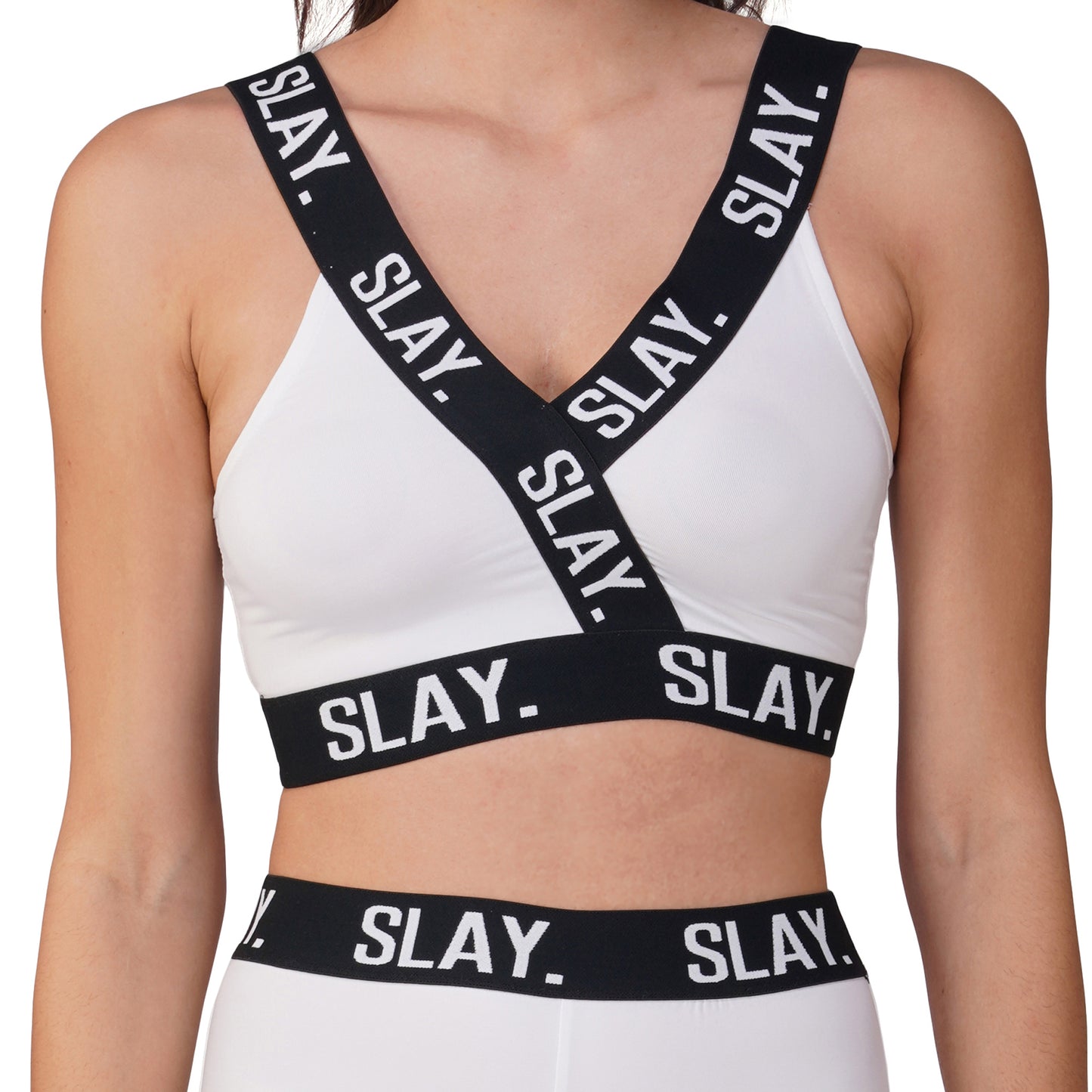 SLAY. Sport Women's Activewear Full Sleeves Crop Top And Pants Co-ord Set White