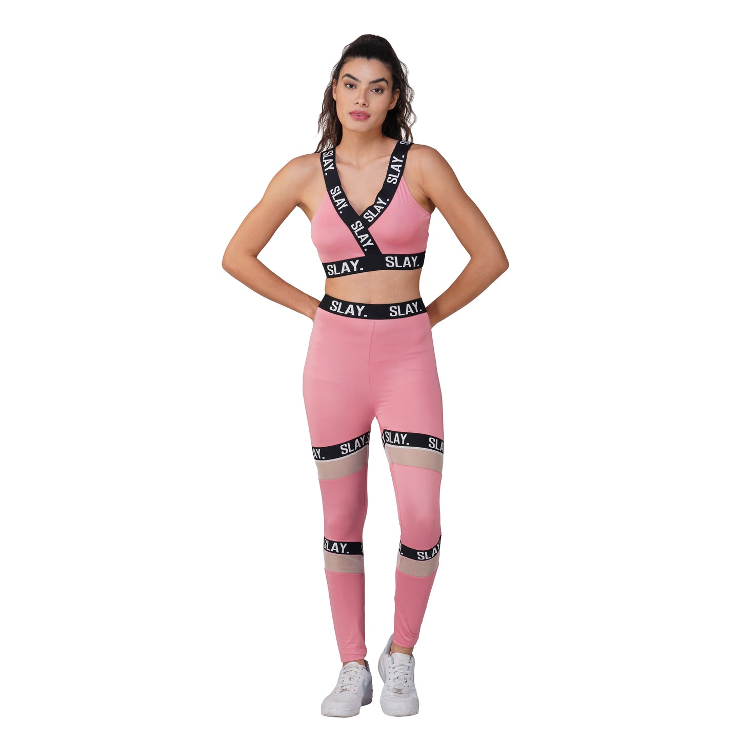 SLAY. Sport Women's Pink Activewear Full Sleeves Crop Top And Pants Co-ord Set