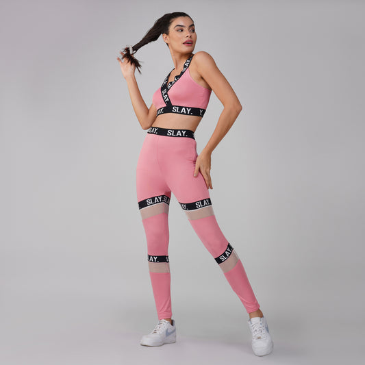 SLAY. Sport Women's Pink Activewear Full Sleeves Crop Top And Pants Co-ord Set