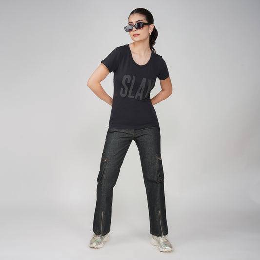 SLAY. Matte Black on Black Slim Fit T shirt