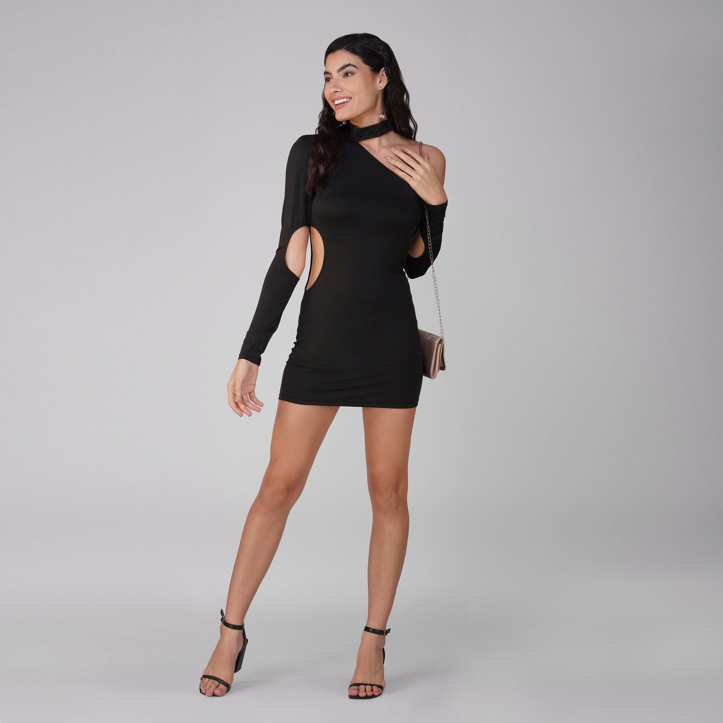 SLAY. Women's Black Asymmetric Cutout Mini Dress