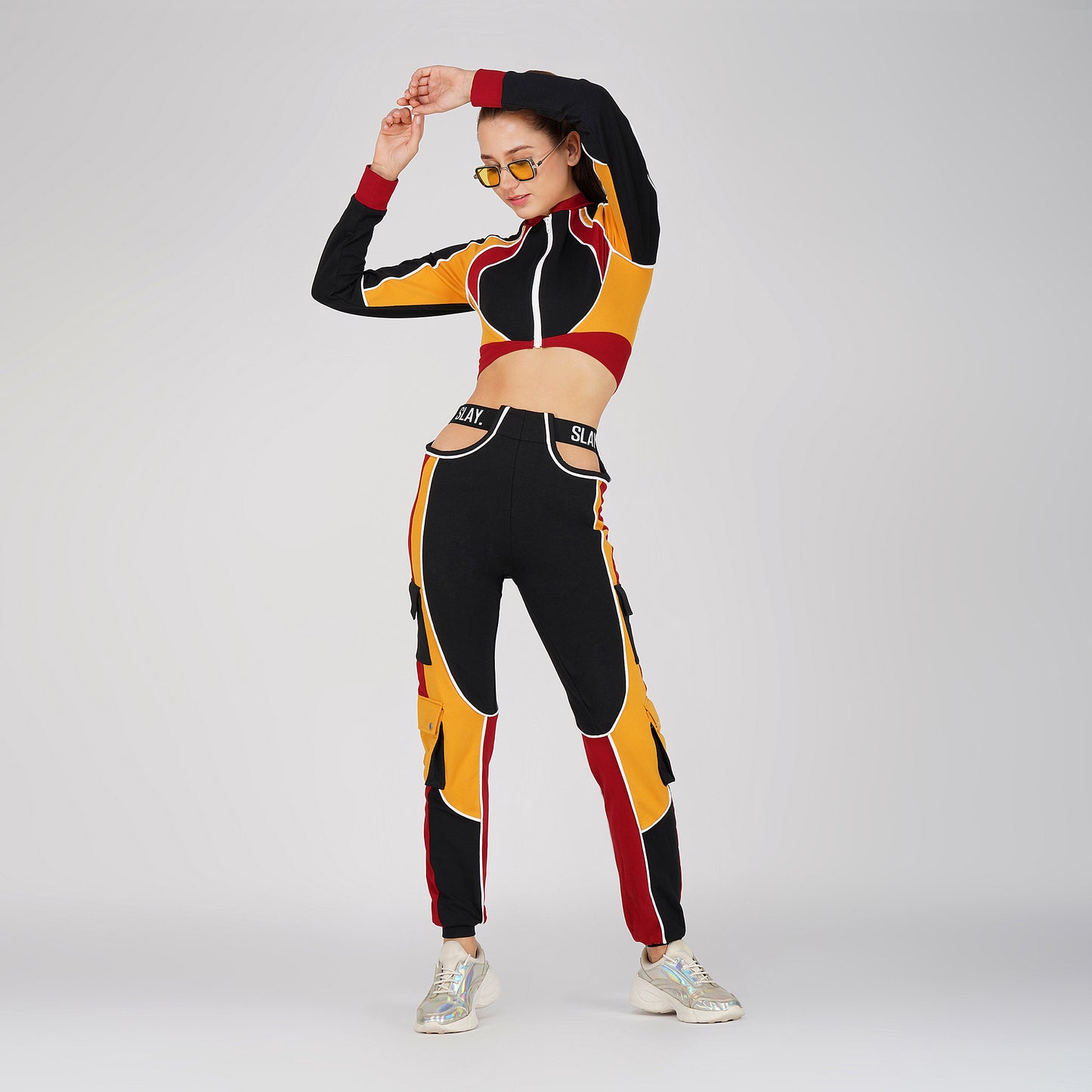 SLAY. Women's Activewear Tracksuit Colorblock Crop Jacket &  High Waist Cargo Pants Co-ord Set