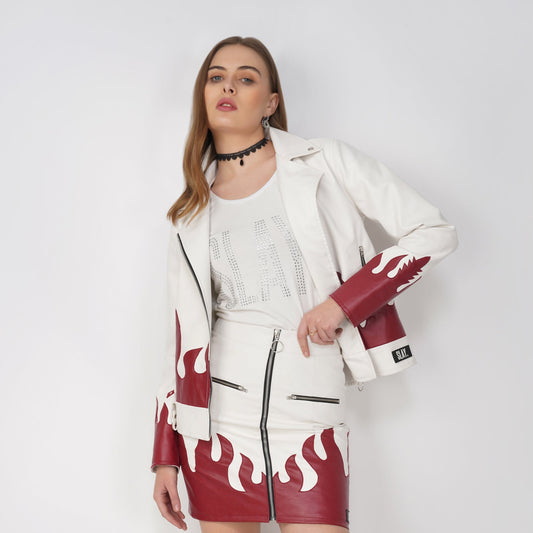 SLAY. Faux Leather Flames Jacket White & Red