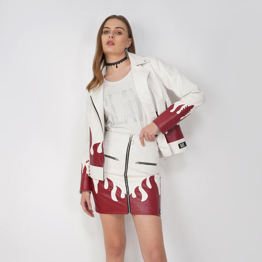 SLAY. Faux Leather Flames Jacket & Skirt Co-ord Set White & Red