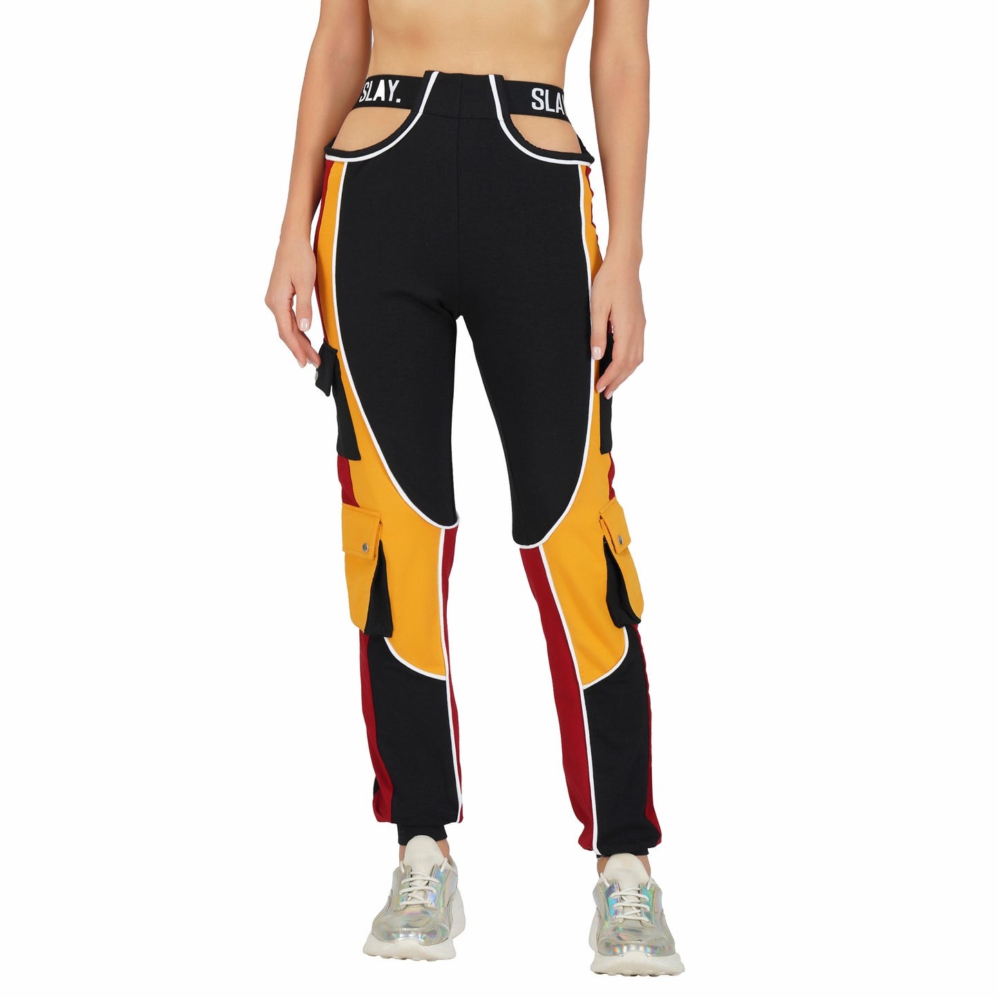 SLAY. Women's Activewear Tracksuit Colorblock Crop Jacket &  High Waist Cargo Pants Co-ord Set