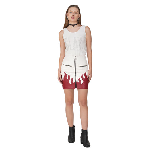 SLAY. Women's Faux Leather Flame Mini Skirt White & Red