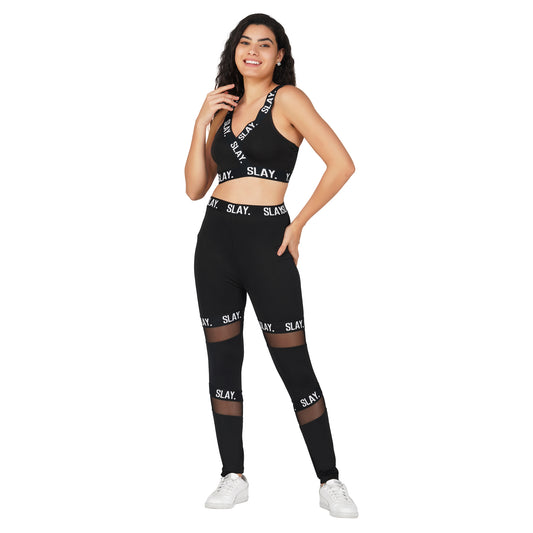 SLAY. Sport Women's Activewear Crop Top And Pants Co-ord Set Black