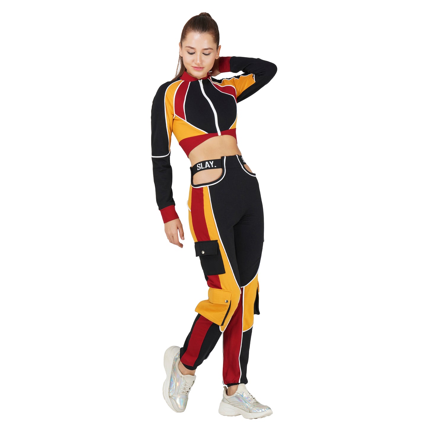 SLAY. Women's Activewear Tracksuit Colorblock Crop Jacket &  High Waist Cargo Pants Co-ord Set