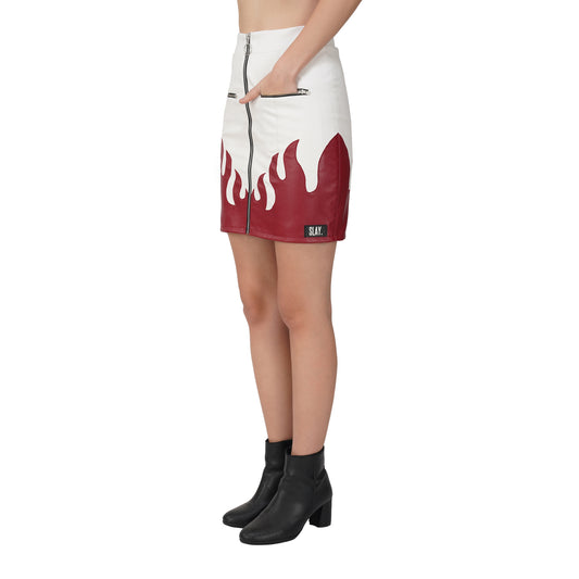 SLAY. Women's Faux Leather Flame Mini Skirt White & Red