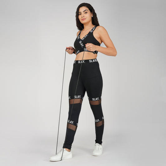 SLAY. Sport Women's Activewear Full Sleeves Crop Top And Pants Co-ord Set Black