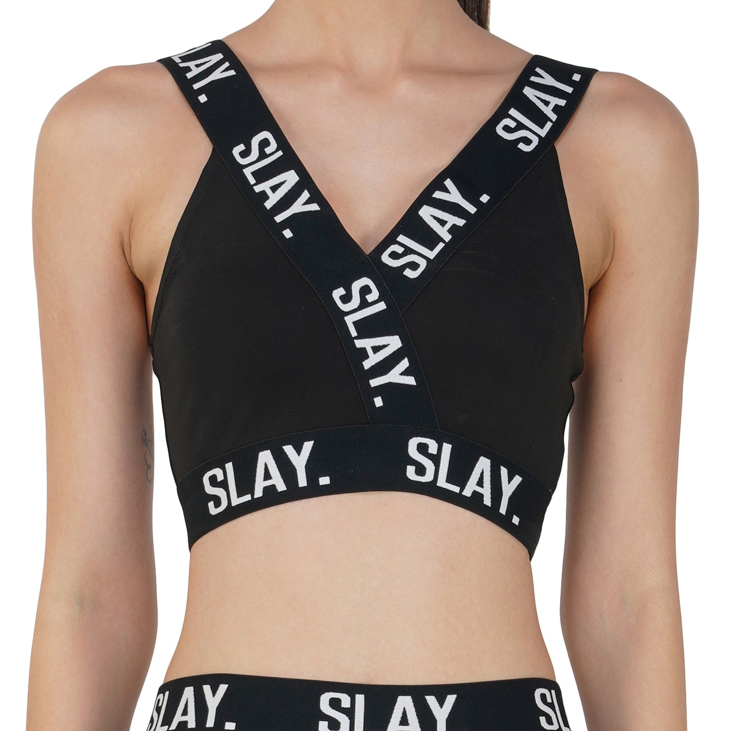 SLAY. Sport Women's Activewear Full Sleeves Crop Top And Pants Co-ord Set Black