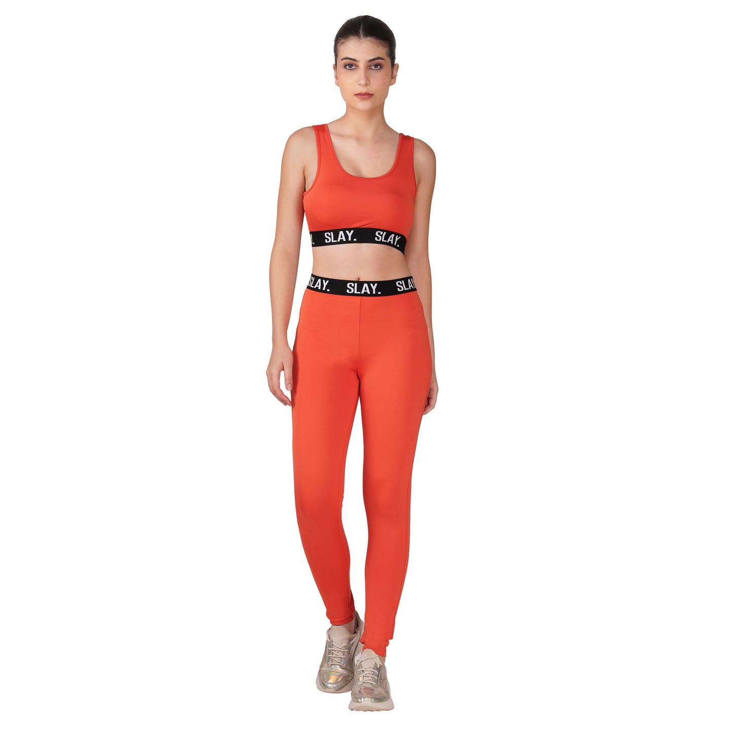 SLAY.Women's Orange Activewear Crop Top And Pants Co-ord Set