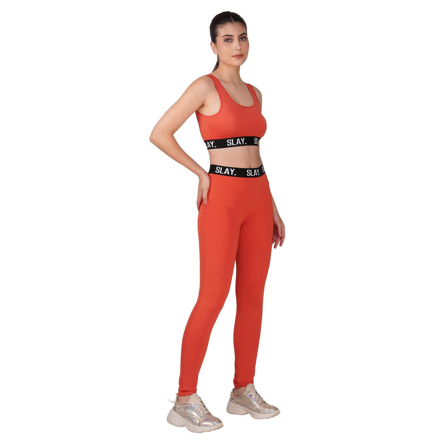 SLAY.Women's Orange Activewear Crop Top And Pants Co-ord Set