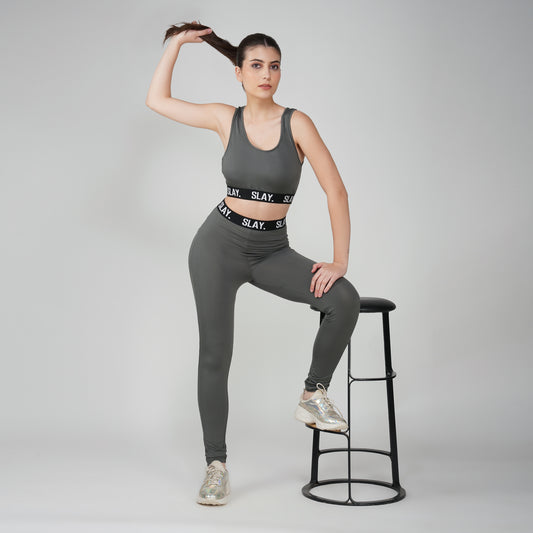 SLAY.Women's Grey Activewear Crop Top And Pants Co-ord Set (Copy)