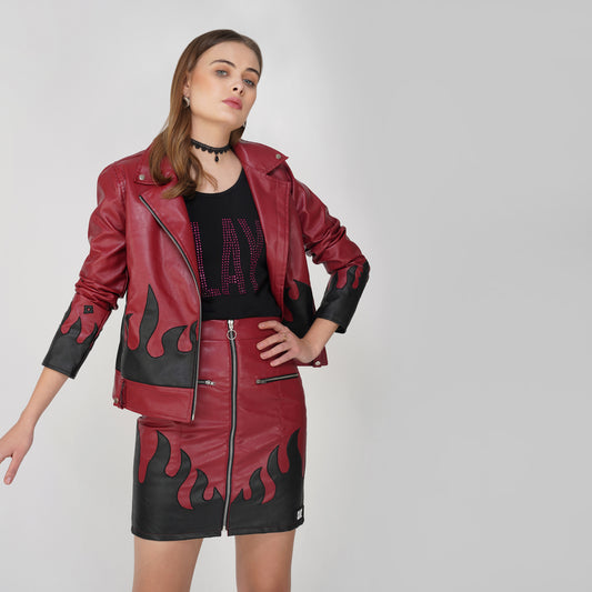 SLAY. Faux Leather Flames Jacket Red & Black