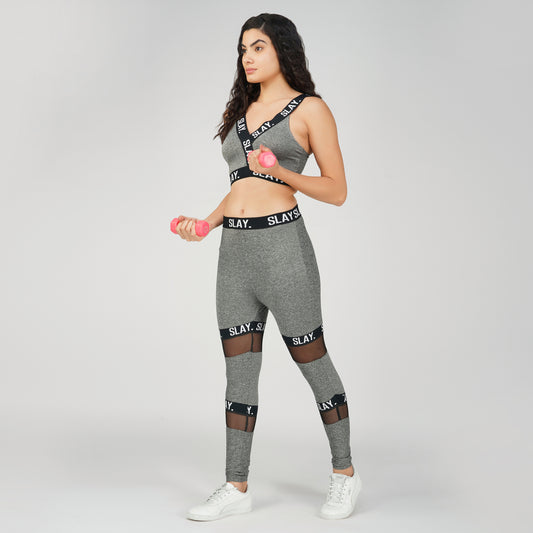 SLAY. Sport Women's Activewear Full Sleeves Crop Top And Pants Co-ord Set Grey