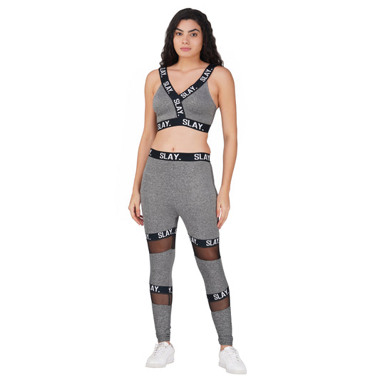 SLAY. Sport Women's Activewear Full Sleeves Crop Top And Pants Co-ord Set Grey
