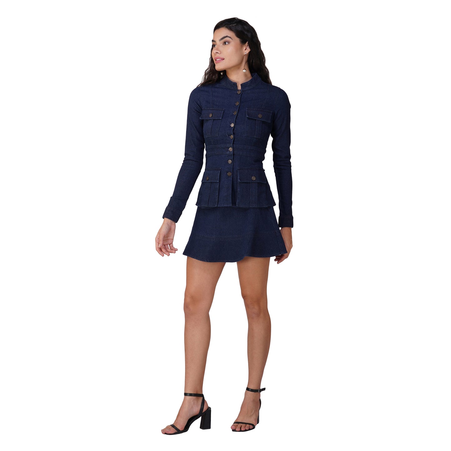 SLAY. Women's Denim Full Sleeves Button Up Top & Skirt Co-ord Set (Stretchable Fabric)