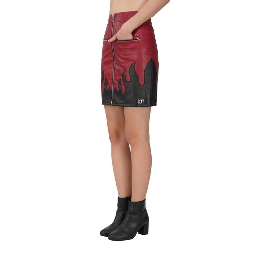 SLAY. Women's Faux Leather Flame Mini Skirt Red & Black