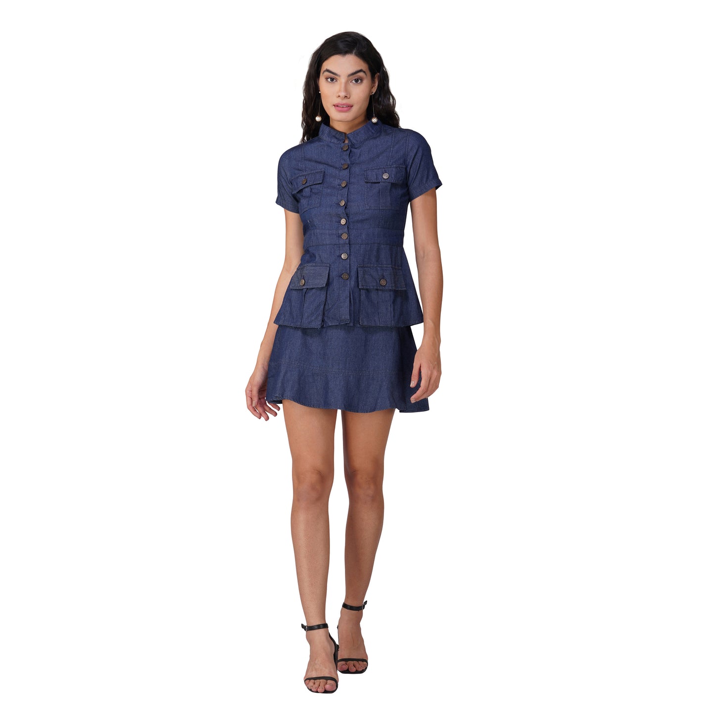 SLAY. Women's Denim Half Sleeves Button Up Top & Skirt Co-ord Set