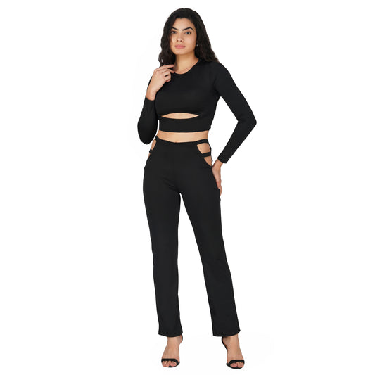 SLAY. Sport Women's Cutout Full Sleeves Crop Top And Pants Co-ord Set Black